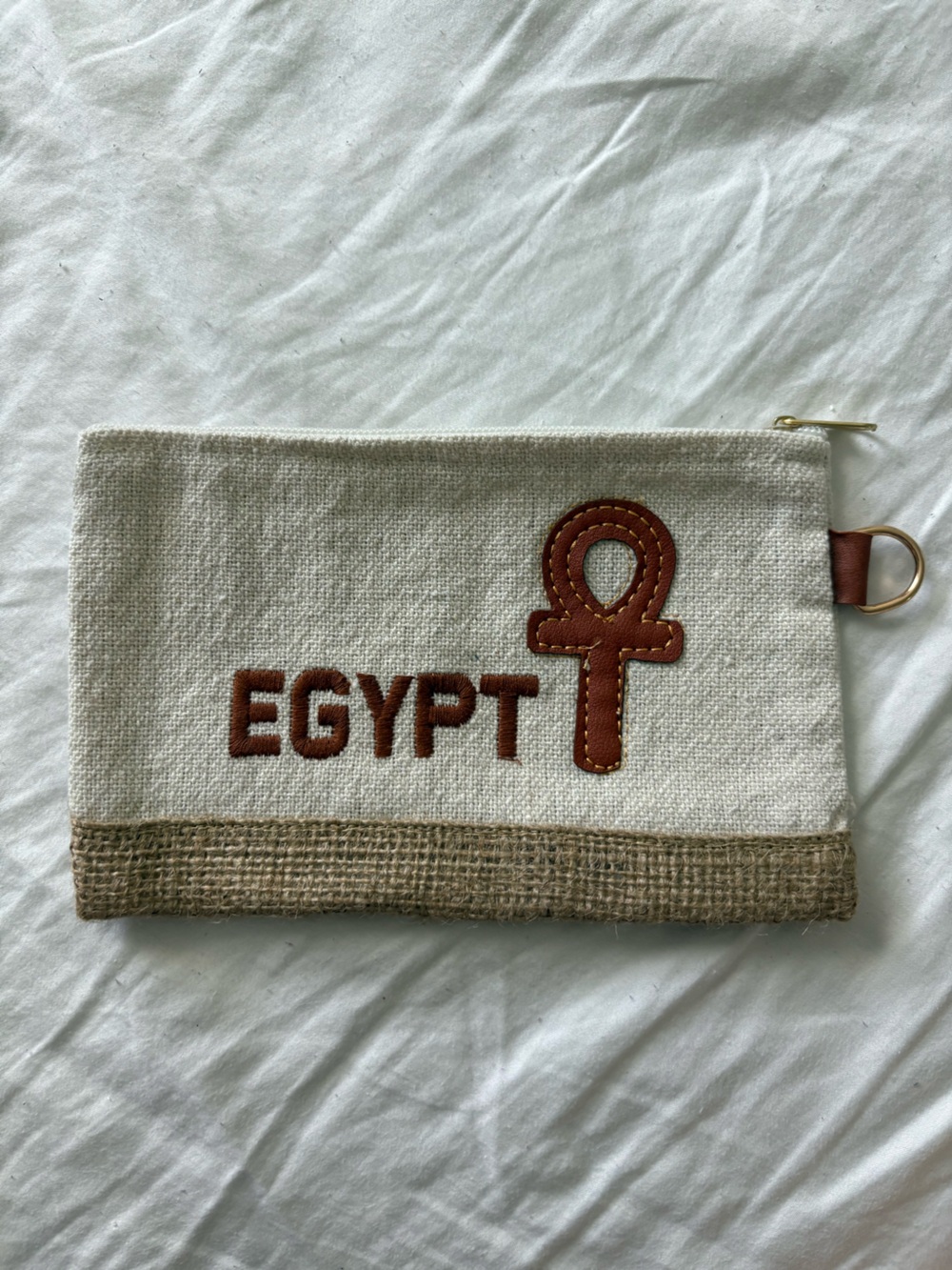 United Colors Of Benetton Cream Linen Zip Pouch with Gold Ankh Detail